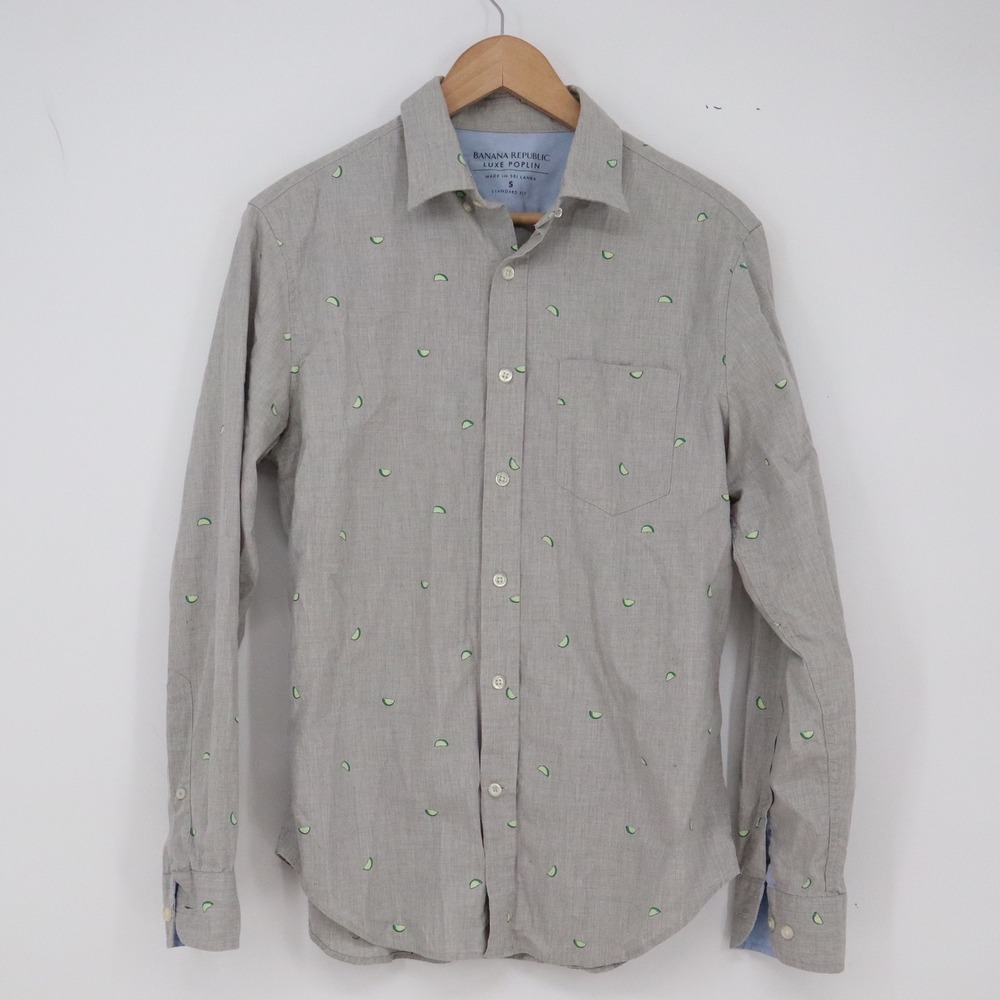 Banana Republic Shirt Mens S Luxe Poplin Gray Lime Embroidered Button-Down Exc